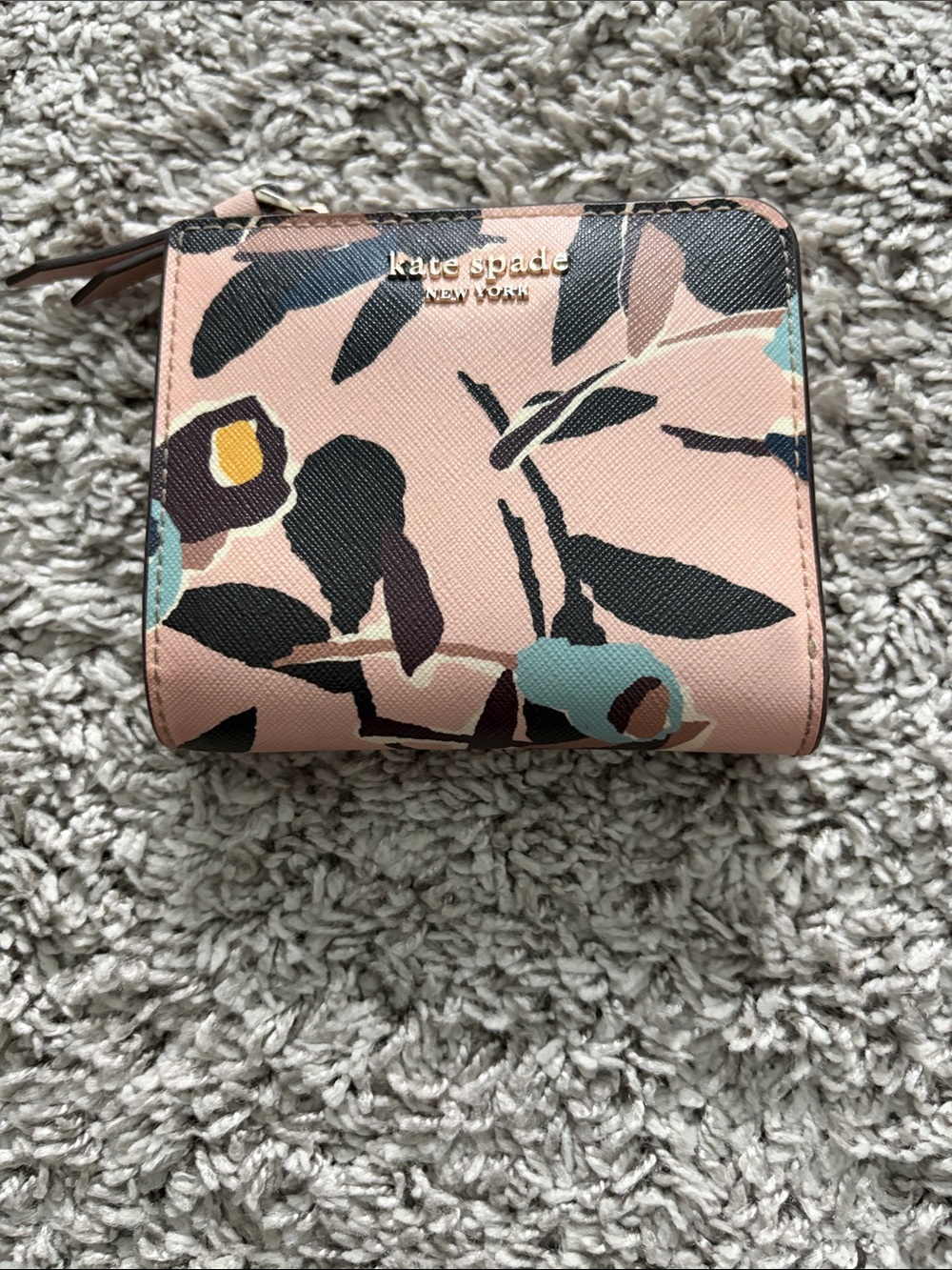 kate spade Pink Floral Zip Around Wallet with Teal and Black Accents
